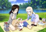  3girls absurdres bangs black_hair blonde_hair blue_eyes book clara_(girls_und_panzer) drink food girls_und_panzer highres katou_hiromasa katyusha_(girls_und_panzer) long_hair megami multiple_girls nonna_(girls_und_panzer) official_art picnic short_hair sleeping swept_bangs 