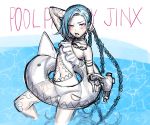  1girl afloat arm_tattoo arm_up blue_hair blush braid collarbone frilled_swimsuit frills highres holding holding_water_gun innertube jinx_(league_of_legends) league_of_legends leg_tattoo long_hair lower_teeth navel open_mouth pink_eyes sketch solo swimsuit tattoo teeth transparent twintails very_long_hair wading water water_gun wosashimi 