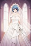  1girl bangs blue_hair blurry blurry_background bob_cut bow bridal_veil bride church domestic_na_kanojo dress elbow_gloves gloves hand_on_own_chest highres jewelry looking_at_viewer necklace parted_bangs parted_lips short_hair solo tachibana_rui tiara uplush veil wedding wedding_dress white_bow white_dress white_gloves window 