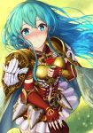  1girl aqua_cape aqua_eyes aqua_hair armor bangs blush breastplate cape closed_mouth commentary day earrings eirika_(fire_emblem) elbow_gloves elbow_pads eyebrows_visible_through_hair faulds fingerless_gloves fire_emblem fire_emblem:_the_sacred_stones floating_hair flower from_above gloves grass hand_on_own_chest highres holding holding_flower holding_hands ippers jewelry light_particles long_hair looking_at_viewer looking_up miniskirt nose_blush outdoors pauldrons pov red_flower red_gloves red_rose rose shoulder_armor sidelocks skirt smile solo_focus very_long_hair white_skirt 