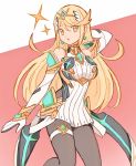  1girl :o bangs bare_shoulders blonde_hair breasts dress earrings gem gloves hand_behind_head headpiece highres mythra_(xenoblade) jewelry kokkou1 large_breasts long_hair pantyhose pink_background short_dress solo tiara very_long_hair white_background white_dress xenoblade_(series) xenoblade_2 yellow_eyes 