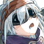  1girl chinese_commentary close-up commentary_request drooling eye_mask eye_print g11_(girls&#039;_frontline) girls_frontline headband long_hair open_mouth portrait red_headband simple_background sleeping solo su_xiao_jei teeth upper_teeth_only white_background white_hair 