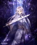  1girl cape copyright_name hair_ornament holding holding_sword holding_weapon long_hair long_sleeves masaki_(monster) outdoors pixiv_fantasia pixiv_fantasia_age_of_starlight purple_empress_ranrei silver_hair solo standing sword violet_eyes weapon white_cape wide_sleeves 