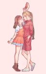  2girls absurdres arm_up artist_name blush bomhat bow brown_footwear brown_hair eripiyo eye_contact food hair_bow hand_in_pocket highres ichii_maina jacket long_hair looking_at_another multiple_girls orange_skirt oshi_ga_budoukan_itte_kuretara_shinu pants pink_background ponytail puffy_short_sleeves puffy_sleeves red_jacket salmon shoes short_sleeves simple_background skirt smile track_jacket track_pants two_side_up white_footwear wrist_cuffs yuri 