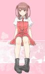  1girl belt black_footwear blush boots bow brown_hair clover cross-laced_footwear dress frilled_skirt frills full_body hair_bow highres ichii_maina idol invisible_chair looking_at_viewer oshi_ga_budoukan_itte_kuretara_shinu pink_background pink_neckwear pink_skirt red_bow s_c_k short_sleeves simple_background sitting skirt smile solo two_side_up violet_eyes 