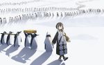  1boy 1girl 6+others absurdres arknights bird carrying_over_shoulder closed_eyes followers following hat highres laluna long_jacket magallan_(arknights) multiple_others penguin shirt snow suitcase t-shirt the_emperor_(arknights) tripod walking 