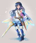  1girl blue_eyes blue_gloves blue_hair burnt_green_tea closed_mouth elbow_gloves fairy_wings falchion_(fire_emblem) fingerless_gloves fire_emblem fire_emblem_awakening fire_emblem_heroes full_body gloves highres holding holding_sword holding_weapon long_hair lucina_(fire_emblem) solo sword tiara weapon wings 