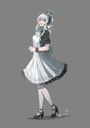  1girl absurdres apron blue_eyes braid breasts cyberpunk cyborg frilled_apron frills hairband headgear highres looking_at_viewer maid maid_apron maid_dress maid_headdress neon_lights original pantyhose short_hair skirt solo suiiryu waist_apron white_apron white_hair 