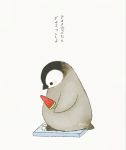  ayu_(mog) baby_penguin bathroom_scale bird blush commentary emperor_penguin food from_side holding original penguin popsicle signature simple_background translated watermelon_bar weighing_scale weight_conscious white_background 