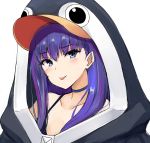  000kk 1girl animal_hood bangs bare_shoulders black_jacket blue_bow blue_choker blue_eyes blush bow breasts choker closed_mouth collarbone fate/grand_order fate_(series) hood hood_up jacket long_hair long_sleeves looking_at_viewer meltryllis meltryllis_(swimsuit_lancer)_(fate) penguin_hood purple_hair simple_background small_breasts smile solo tongue tongue_out very_long_hair white_background 