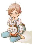  1boy barefoot blue_eyes blush brown_hair character_doll commentary eyebrows_visible_through_hair feet full_body k-san light_brown_hair looking_at_viewer male_focus original pajamas pillow simple_background solo thomas_the_tank_engine thomas_the_tank_engine_(character) white_background 