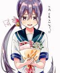  1girl akebono_(kantai_collection) bell blue_sailor_collar bouquet flower hair_bell hair_flower hair_ornament hatu_xxgoukan jingle_bell kantai_collection long_hair looking_at_viewer purple_hair rose sailor_collar school_uniform serafuku shitty_admiral_(phrase) short_sleeves side_ponytail simple_background smile solo translated tsundere upper_body very_long_hair violet_eyes white_background 