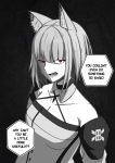  1girl absurdres animal_ear_fluff animal_ears arknights collarbone commentary criss-cross_halter detached_collar english_commentary english_text greyscale halterneck highres ichi10art kal&#039;tsit looking_at_viewer monochrome open_mouth red_eyes solo spot_color squinting 