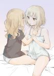  2girls absurdres ass bare_shoulders bed black_shirt blonde_hair blue_background blush breasts collarbone eyebrows_visible_through_hair gradient gradient_background highres imminent_kiss incest kamiki_uutarou long_hair looking_at_another multiple_girls on_bed oomuro_nadeshiko oomuro_sakurako open_mouth panties parted_lips shiny shiny_hair shirt short_hair siblings simple_background sisters small_breasts sweat underwear white_panties white_shirt yellow_eyes yuri yuru_yuri 