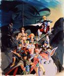  1990s_(style) 3girls 4boys armor armored_boots black_hair blonde_hair blue_hair boots cape cape_lift capelet creature dragon gloves grin hand_on_hip headband highres holding holding_polearm holding_sword holding_weapon legend_of_xanadu long_hair looking_at_viewer mountain multiple_boys multiple_girls naoyuki_onda official_art pauldrons pink_hair pink_legwear short_hair shorts skirt smile standing sword thigh-highs tower weapon white_skirt zettai_ryouiki 