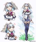  !? 1girl blue_eyes blush braid breasts crown_braid eyebrows_visible_through_hair full_body grass graysheartart head_wings juliet_sleeves long_sleeves looking_at_viewer medium_breasts melia multiple_views o-ring open_mouth puffy_sleeves signature silver_hair simple_background thigh-highs white_background xenoblade_(series) xenoblade_1 