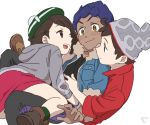  1girl 2boys beanie bisexual_(male) blush brown_eyes brown_hair dark_skin dark_skinned_male grey_cardigan grey_headwear hat holding hop_(pokemon) long_sleeves looking_at_another masaru_(pokemon) multiple_boys open_mouth pokemon pokemon_(game) pokemon_swsh red_shirt sandwiched sankaku shirt simple_background skirt smile tam_o&#039;_shanter white_background yellow_eyes yuuri_(pokemon) 