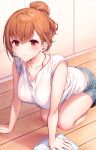  1girl all_fours bare_arms breasts collarbone denim denim_shorts grey_shorts hair_bun highres kinjo_no_nanako-san komeshiro_kasu large_breasts long_hair looking_at_viewer nanako-san on_floor orange_hair red_eyes shirt short_shorts short_sleeves shorts smile solo thighs tied_hair white_shirt wooden_floor 