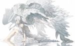  1girl angel angel_wings bare_shoulders barefoot blue_eyes detached_wings dress feathered_wings feathers frills halo highres long_hair looking_to_the_side multiple_wings original reflection ripples sidelocks sitting solo sundress water white_dress white_hair wings yuzua 