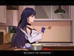  1girl absurdres black_ribbon braid choker commentary_request earrings food gloves hair_ribbon highres holding holding_spoon honkai_(series) honkai_impact_3rd jewelry kiana_kaslana kitchen lamp long_hair long_sleeves oven_mitts plate pot purple_gloves purple_hair raiden_mei ribbon ribbon_choker side_braid solo spoon translation_request tutou_jiang very_long_hair violet_eyes 