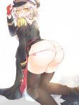  1girl artist_name ass aye azur_lane bangs black_cape black_legwear blush butt_crack cape commentary earrings epaulettes eyebrows_visible_through_hair fingerless_gloves from_behind gloves grey_hair hat jewelry kinu_(azur_lane) kneeling long_sleeves looking_at_viewer looking_back low_ponytail military military_hat military_uniform open_mouth panties peaked_cap polka_dot polka_dot_panties red_gloves side-tie_panties signature skindentation skirt skirt_around_one_leg solo surprised thigh-highs tied_hair underwear uniform yellow_eyes 