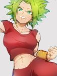  1girl abs arm_at_side bracelet breasts clenched_hand clenched_teeth collarbone crop_top dragon_ball dragon_ball_super earrings fighting_stance fingernails green_eyes green_hair grey_background grin jewelry kefla_(dragon_ball) kemachiku large_breasts looking_at_viewer midriff muscle muscular_female pants potara_earrings red_pants shiny shiny_hair shiny_skin short_hair short_sleeves sidelocks simple_background smile solo spiky_hair teeth upper_body v-shaped_eyebrows 