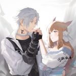  1boy 1girl absurdres animal_ears avatar_(ffxiv) black_gloves black_shirt brown_hair cat_ears closed_mouth commentary commission dress final_fantasy final_fantasy_xiv fingerless_gloves gloves hair_ribbon hand_on_another&#039;s_waist hetero highres holding_hands jacket long_hair looking_at_another miqo&#039;te neck_tattoo off-shoulder_dress off_shoulder parted_lips ribbon rocher-hd shirt short_hair signature slit_pupils tattoo thancred_waters violet_eyes white_dress white_hair white_jacket white_ribbon 