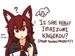  1girl ? animal_ear_fluff animal_ears brooch character_name copyright_name english_text fingernails flying_sweatdrops head_tilt how_to imaizumi_kagerou jewelry long_hair parted_lips pointing pointing_at_self red_eyes red_nails redhead simple_background solo touhou white_background wolf_ears wool_(miwol) 
