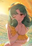  1girl amochin bangs bare_shoulders bikini blush bracelet breasts closed_eyes collarbone commentary_request curly_hair dutch_angle evening eyebrows_visible_through_hair finger_to_mouth green_hair hair_ribbon highres idolmaster idolmaster_million_live! index_finger_raised jewelry long_hair medium_breasts ocean one_eye_closed orange_sky parted_bangs parted_lips rainbow red_eyes ribbon shushing sky smile solo sun sunlight sunset swimsuit tokugawa_matsuri upper_body water yellow_bikini yellow_ribbon 