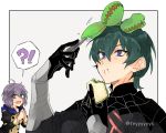  !? 1boy 1girl armor bernadetta_von_varley black_gloves blue_eyes blue_hair byleth_(fire_emblem) byleth_eisner_(male) commentary eating feyyyyyyk fire_emblem fire_emblem:_three_houses fire_emblem_heroes food food_on_face garreg_mach_monastery_uniform gloves grey_eyes highres hood hood_down long_sleeves open_mouth purple_hair sandwich short_hair simple_background twitter_username upper_body 