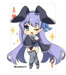  1girl ;d ace_of_hearts animal_ears bangs black_leotard black_sleeves blue_bow blue_eyes blue_hairband boots bow bunny_girl bunnysuit chibi collar commentary_request detached_collar detached_sleeves eyebrows_visible_through_hair fake_animal_ears fate/extra fate/extra_ccc fate_(series) frilled_sleeves frills full_body grey_footwear grey_legwear hair_bow hairband hand_up leotard long_hair long_sleeves looking_at_viewer meltryllis one_eye_closed open_mouth popo_(popopuri) purple_hair rabbit_ears sleeves_past_fingers sleeves_past_wrists smile solo sparkle thigh-highs thigh_boots twitter_username upper_teeth very_long_hair white_background white_collar 