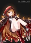  1girl absurdres artist_name bangs bare_legs bee_doushi belt belt_buckle black_background blonde_hair blunt_bangs boots brown_belt buckle cape character_name dress eyebrows_visible_through_hair fire highres hood hood_up hooded_cape little_red_riding_hood_(sinoalice) long_hair looking_at_viewer open_mouth red_cape red_footwear red_hood short_dress simple_background sinoalice solo wavy_hair yellow_eyes 