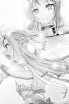  2girls abec asuna_(sao) braid closed_mouth floating_hair greyscale hair_rollers highres long_hair looking_at_viewer monochrome multiple_girls novel_illustration official_art open_mouth profile shoulder_blades smile sword_art_online upper_body very_long_hair yuuki_(sao) 