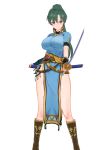  1girl 3d bangs belt breasts brown_footwear closed_mouth fingerless_gloves fire_emblem fire_emblem:_the_blazing_blade fire_emblem_heroes full_body gloves green_eyes green_hair highres holding holding_sword holding_weapon koikatu large_breasts lips long_hair looking_at_viewer lyn_(fire_emblem) pelvic_curtain ponytail sheath short_sleeves simple_background solo standing sword thighs tied_hair uck-eck-uck weapon white_background 