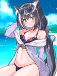  1girl animal_ear_fluff animal_ears bangs bare_shoulders beach bikini black_hair blue_sky blush breasts cat_ears cat_girl cat_tail closed_mouth collarbone eyewear_on_head green_eyes grey_jacket hair_between_eyes highres jacket kyaru_(princess_connect) long_hair long_sleeves looking_at_viewer low_twintails miyakoto multicolored_hair navel ocean off_shoulder princess_connect! princess_connect!_re:dive purple_bikini sky small_breasts smile solo sparkle streaked_hair swimsuit tail thighs twintails white_hair 