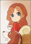  1girl ayu_(mog) basset_hound blue_eyes blush_stickers bright_pupils brown_hair closed_mouth cup curly_hair dog from_behind holding katrielle_layton layton&#039;s_mystery_journey looking_at_viewer looking_back professor_layton red_shirt sherl_(professor_layton) shirt signature sitting tea teacup 