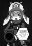  1girl absurdres arknights commentary english_commentary english_text evil_smile eyebrows_visible_through_hair fire_helmet fire_jacket firefighter greyscale highres hose ichi10art looking_at_viewer monochrome parted_lips shaw_(arknights) smile solo spot_color squirrel_girl yellow_eyes 