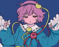  blouse blue_background blue_blouse discowars eyeball eyebrows_visible_through_hair frilled_shirt_collar frilled_sleeves frills hairband heart heart_button komeiji_satori long_sleeves open_mouth purple_hair ribbon-trimmed_collar ribbon_trim short_hair subterranean_animism third_eye touhou violet_eyes wide_sleeves 