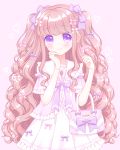  1girl bag bangs blush bow bracelet brown_hair closed_mouth commentary_request curly_hair dress eyebrows_visible_through_hair frilled_dress frilled_sailor_collar frills hair_bow handbag hands_up heart heart_background highres himetsuki_luna jewelry long_hair necklace original pearl_bracelet pearl_necklace pink_bow pleated_dress purple_background purple_bow sailor_collar sailor_dress simple_background smile solo two_side_up very_long_hair violet_eyes white_dress white_sailor_collar 