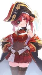  1girl belt black_legwear breasts brooch commentary covered_navel cowboy_shot eyepatch gloves hands_on_hips hat highres hololive houshou_marine jewelry large_breasts looking_at_viewer minoa_(lastswallow) off-shoulder_coat off_shoulder pirate_hat pleated_skirt red_eyes red_skirt redhead simple_background skirt smile solo thigh-highs twintails virtual_youtuber white_background white_gloves zettai_ryouiki 