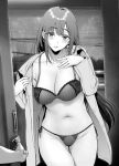  1girl bangs blush bra breasts collarbone collared_shirt commentary_request cowboy_shot curvy dress_shirt eyebrows_visible_through_hair gentsuki greyscale highres large_breasts lingerie long_hair looking_at_viewer monochrome navel open_clothes open_shirt opening_door original outdoors panties parted_lips pov pov_doorway power_lines shirt side-tie_bottom side-tie_panties sidelocks standing thighs underwear 