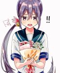  !! 1girl akebono_(kantai_collection) artist_logo bell blue_sailor_collar bouquet flower hair_bell hair_flower hair_ornament hatu_xxgoukan jingle_bell kantai_collection long_hair looking_at_viewer purple_hair rose sailor_collar school_uniform serafuku short_sleeves side_ponytail simple_background smile solo upper_body very_long_hair violet_eyes white_background 