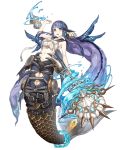  1girl aqua_eyes belt breasts earrings eyebrows_visible_through_hair fins full_body jewelry ji_no large_breasts long_hair looking_at_viewer mermaid_costume ningyo_hime_(sinoalice) official_art purple_hair sailor_collar scales sinoalice solo staff transparent_background upper_teeth very_long_hair water 