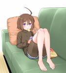  1girl ahoge barefoot bike_shorts black_sweater blush book brown_hair casual chips couch denim denim_shorts feet flat_chest food food_in_mouth full_body huge_ahoge linne looking_at_viewer on_couch open_book pillow ponkotsu potato_chips reading shorts shorts_under_shorts solo sweater toes turtleneck turtleneck_sweater under_night_in-birth violet_eyes 