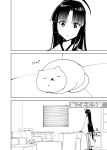  1girl ahoge bangs cat commentary couch greyscale hair_ribbon highres indoors japanese_clothes kantai_collection long_hair looking_down low-tied_long_hair manzoku-san masukuza_j monochrome neko_atsume parted_bangs ribbon shouhou_(kantai_collection) table translated very_long_hair wooden_floor 