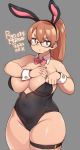  1girl 2020 agawa_ryou animal_ears annoyed bare_shoulders black-framed_eyewear breasts brown_eyes brown_hair bunnysuit commentary dated glasses grey_background large_breasts long_hair looking_at_viewer navel original plump rabbit_ears simple_background skindentation solo sweatdrop thick_thighs thigh_strap thighs 