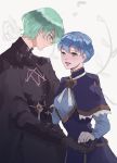  1boy 1girl bangs blush braid brown_eyes byleth_(fire_emblem) byleth_eisner_(male) closed_mouth couple crown_braid dress fire_emblem fire_emblem:_three_houses green_eyes green_hair height_difference highres holding_hands light_blue_hair long_sleeves looking_at_another marianne_von_edmund smile tagme thike_sbm 