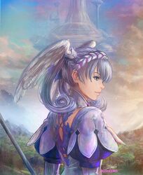  1girl blue_eyes braid crown_braid floating_city forest head_wings highres holding holding_staff juliet_sleeves long_sleeves melia nature profile puffy_sleeves silver_hair sky solo staff stephanie_sybydlo watermark xenoblade_(series) xenoblade_1 