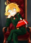  1girl ahoge belt blonde_hair blue_eyes bokkusu crazy_eyes crazy_smile grin gun looking_at_viewer military military_uniform open_mouth short_hair smile solo tanya_degurechaff uniform valentine weapon when_you_see_it youjo_senki 