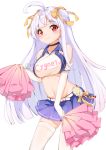  1girl absurdres ahoge azur_lane bangs black_choker blue_skirt blush breasts cheerleader choker collarbone commentary_request cygnet_(azur_lane) cygnet_(royal_fanfare)_(azur_lane) elbow_gloves eyebrows_visible_through_hair gloves hair_ornament hair_ribbon highres large_breasts long_hair looking_at_viewer navel red_eyes ribbon simple_background skirt smile solo thigh-highs tming white_background white_gloves white_hair white_legwear yellow_ribbon 